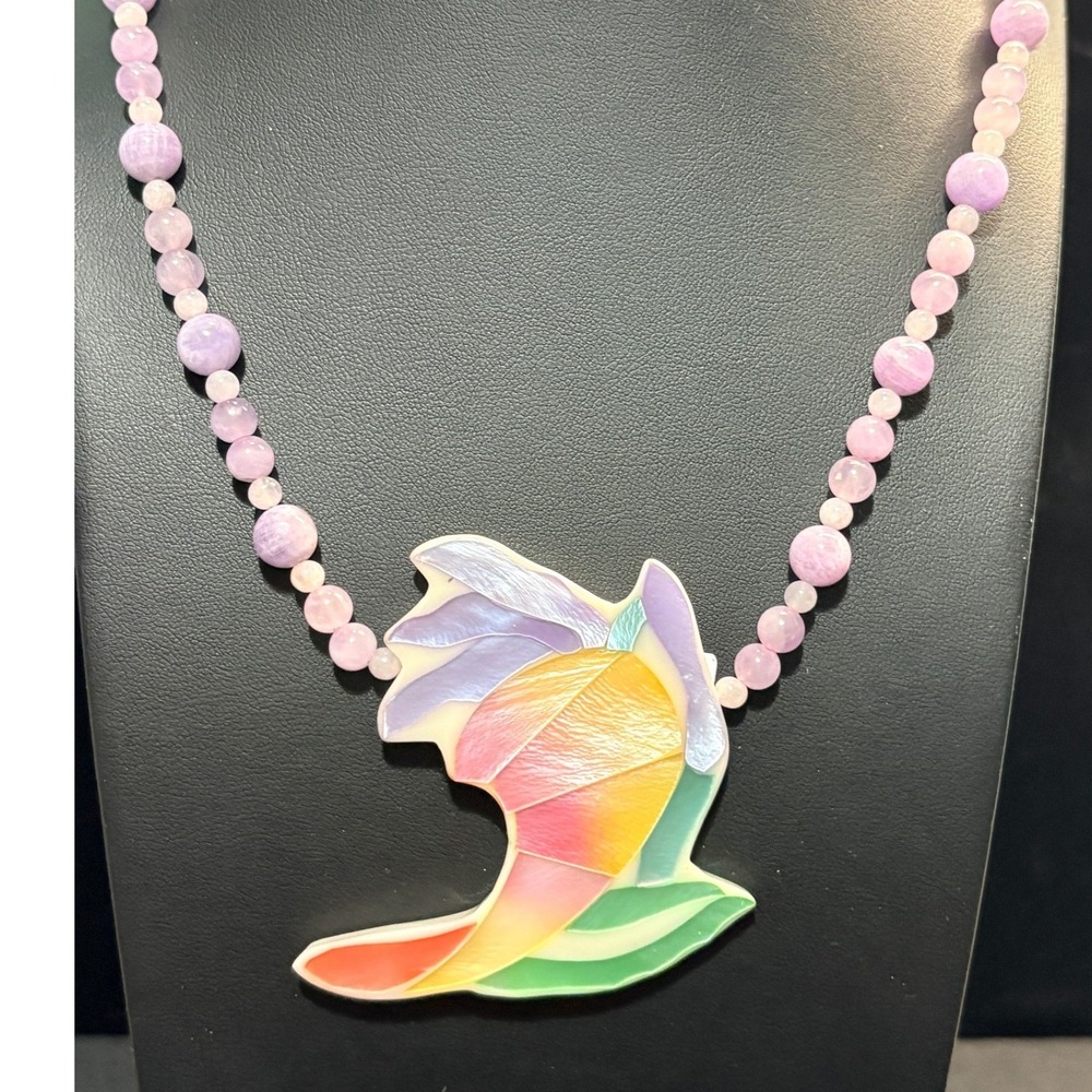 Karla Jordan Amethyst Rose Quartz Shell Mosaic Rainbow Pendant Necklace 20"